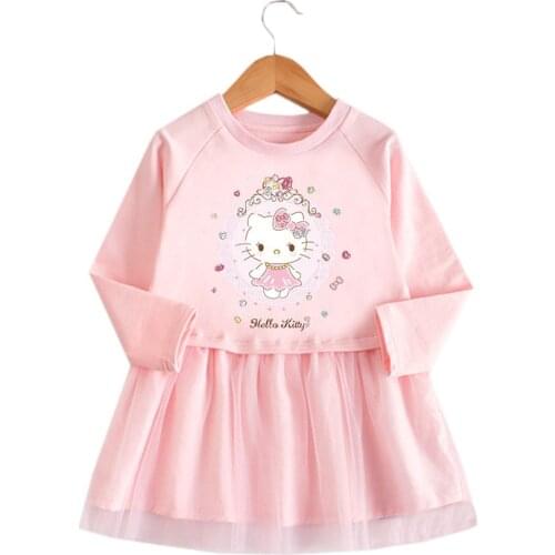 Sanrio Hello Kitty 2021 children spring autumn new girls dress cartoon long-sleeved cotton mesh skirt baby princess dress