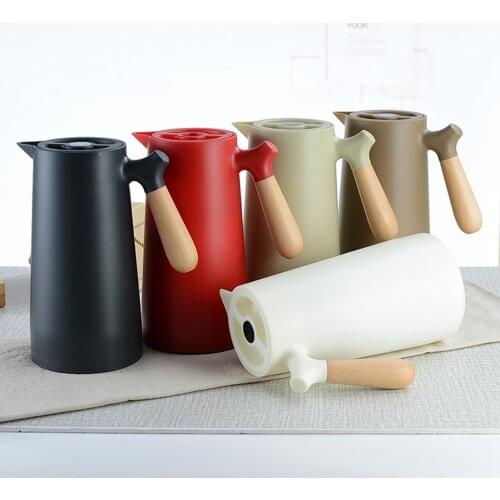 1L Home Thermal Flask European Coffee Maker Glass Liner Hot Water Pot Solid Wood Handle Insulation Kettle