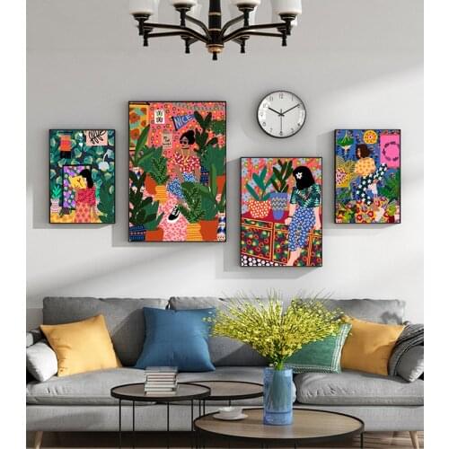 And Prints Wall Pictures For Living Room Decor Abstract Fashion Vintage Girl Plant Dog Wall Art Canvas Painting Nordic Posters