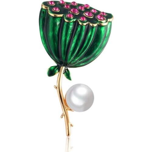 Korea Style Trend Alloy Rhinestone Pearl Lotus Brooch Pin for Girl Women Fashion Cute Corsage Jewelry Accessories Wholesale