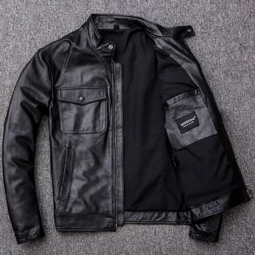 Genuine Sheepskin Jacket Men Casual Motorcycle Coat Vintage Leather Jackets Chaqueta Cuero Hombre KJ2536