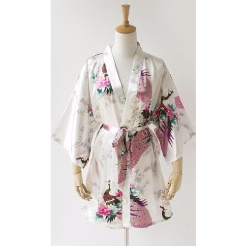 Summer White Lady Faux Silk Kimono Bath Gown Sexy Mini Bridesmaid Wedding Robe Lounge Home Wear Size S M L XL XXL XXXL D127-01