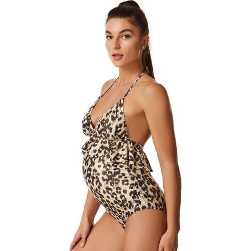Hot Sale Swimwear Women Pregnant Sexy Backless Leopard Swimsuit 2021 Summer Maternity Beachwear Halter Bathing Suit With Ruffled