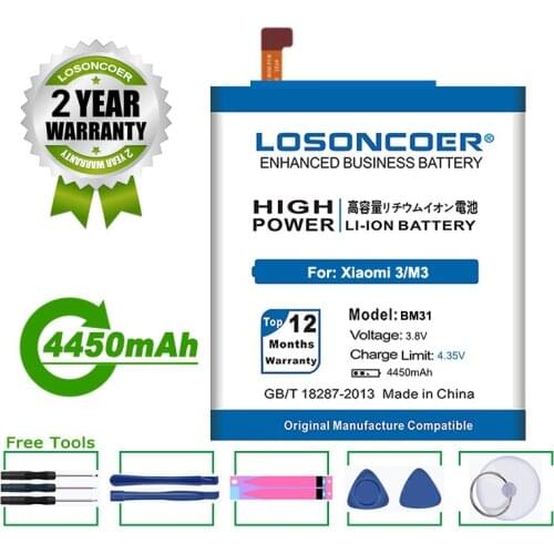 LOSONCOER Battery 4450mAh BM31 Battery For Xiaomi Mi3 Mi 3 M3 Mobile Phone Replacement Lithium Polymer Batteries