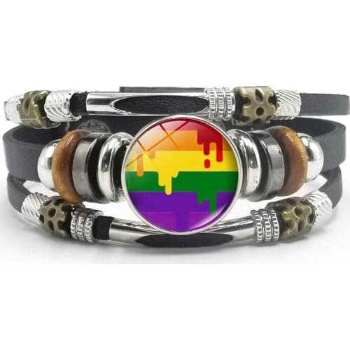Fashion Gay Rainbow Color Glass Cabochon Snap Button Black Leather Braided Bracelet Men and Women Jewelry Gift Bracelet
