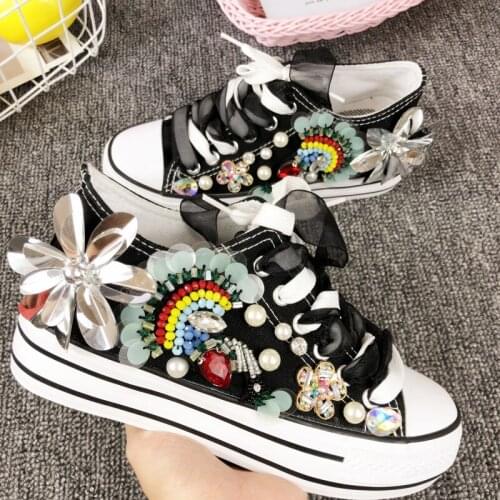 Handmade Sequined Pearl Platform Color Matching Ladies Canvas Shoes Exquisite College Style Summer Fashion All-Match Single Shoe