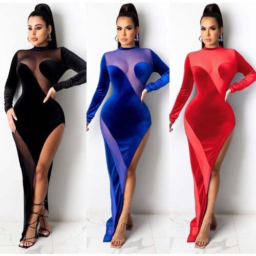 Stitching perspective slit velvet dress nightclub clothes