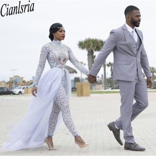 Luxury High Neck Long Sleeve Plus Size Jumpsuits Wedding Dresses With Detachable Train African Beaded Bridal Gowns