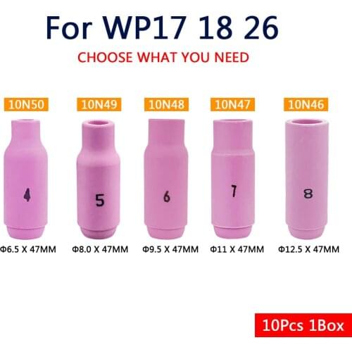10Pcs Per Box 47mm 10N46 10N47 10N48 10N49 10N50 Alumina Nozzles For TIG WP17 18 26 Welding Torch Accessories