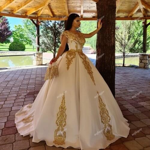 Stylish Ball Gown Evening Dresses Moroccan Kaftan Prom Golden Appliques Robe De Soiree Wedding Party Vestidos Fiesta