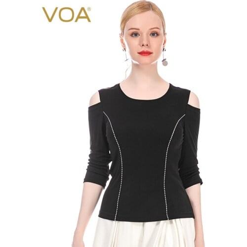 VOA Silk 33m/m Black Double Knit O-Neck Open Shoulder Seven Point Sleeve Arch Stitch Craft Waxy Soft High Elastic T-shirt BE195