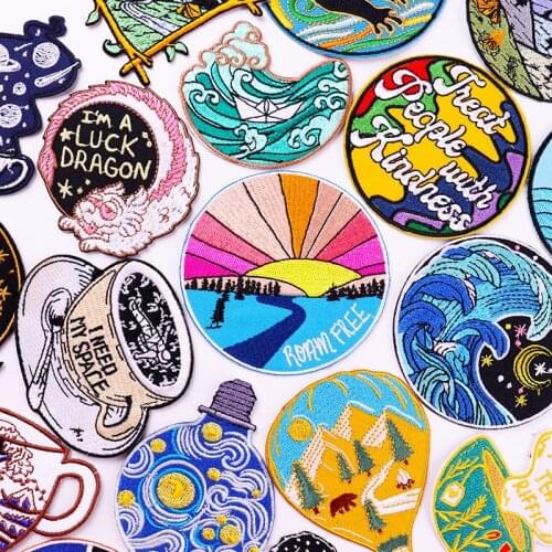 Van Gogh Wave Embroidered Patches On Clothes Space Outdoor Applique Iron On Patces For Clothing Stickers Raibbow Patches Badges