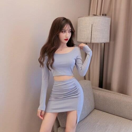 WOMENGAGA Autumn Hot Sexy Two-piece Set Korean Long Sleeve Open Navel Pullover T-shirt High Waist Irregular Skirt 1R6F
