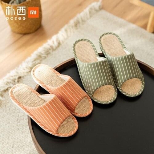 XIAOMI Breathable non-slip winter home men and women couples indoor home Japanese style striped linen slippers