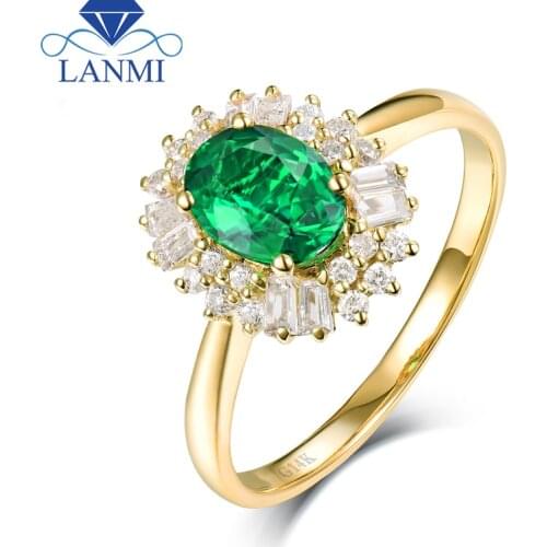 Fine Jewelry Real 14K Yellow Gold Colombia Emerald Ring Natural Diamond for Men and Women Party