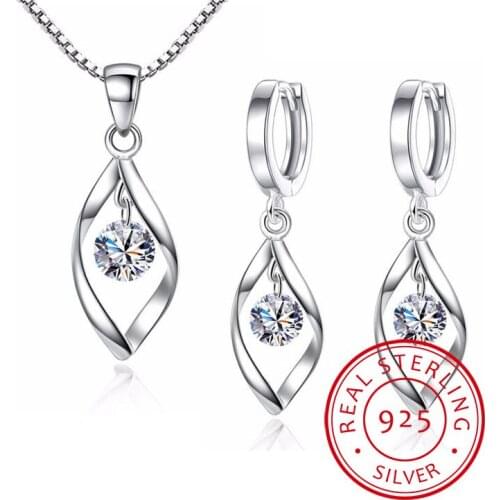 925 Sterling Silver Jewelry Sets Zirconia Twist Water Drop Necklace+Earrings Bijoux For Women Christmas Gift