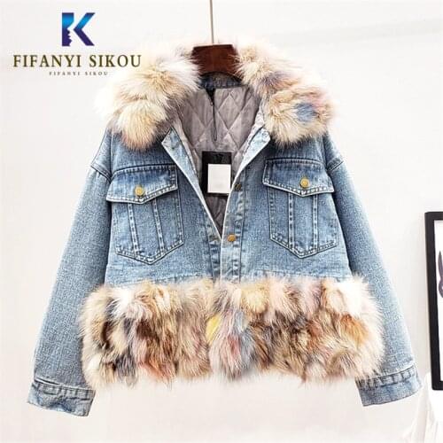 Natural Fox fur collar Denim Jacket Winter Coat Women Thick Warm Cotton liner Short Jeans Jacket Women High quality Overcoat