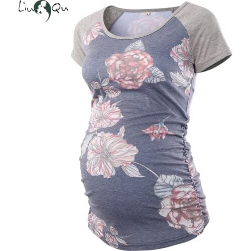 Womens Maternity Clothes Short Sleeve Printing Splice Side Ruched Pregnant T-Shirt Blouses Women Pregnancy Clothing Tops