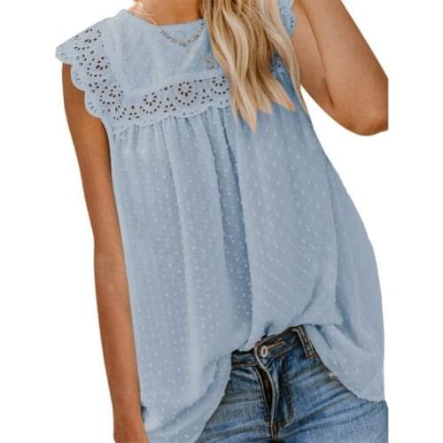 Women Sleeveless Chiffon Tank Top O-Neck Hollow Out Crochet Lace Loose Vest Solid Color Swiss Dots Flowy Tunic Blouse