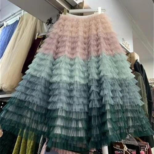 Brand Quality Tulle Skirts 2021 Ruffles Style Puffy A-line Long Women Skirts To Birthday Party Elastic Female Tutu Gowns