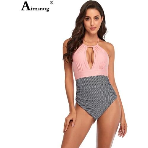 High Cut Women One Piece Swimsuit Model Stripes Print Swimwear Sexy V-neck Onesie Bodysuit 2021 Patchwork Bathing Suits Femme