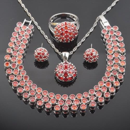 2020 New Red Zirconia Women Wedding Jewelry Sets Silver Color Bracelet Necklace Pendant Earrings Ring QS0550