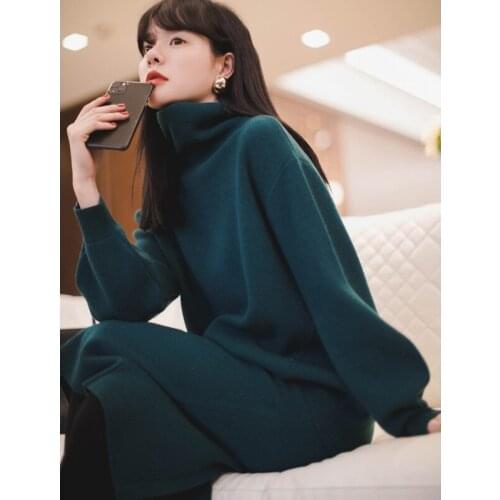 2021 Fashion New Womens High Collar Sweater Suit Skirt Slim-fit Soild Color Knitted Two Piece Set Female