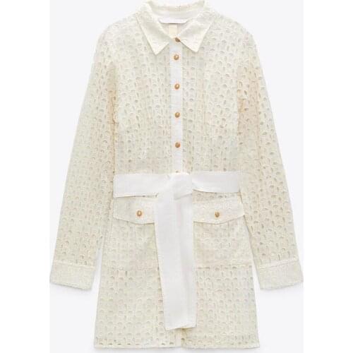 New Spring Summer Women Sexy Hollow Mini Shirt Dress Chic Embroidery With Belt Long Sleeve Party Dresses Ladies Vestido