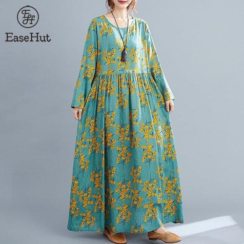 2020 Vintage Women Dresses Autumn Cotton Linen Floral Print Baggy Robe O Neck Long Sleeve Large Size Loose Casual Vestidos