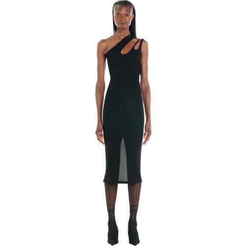 2021 Streetwear Sexy One Shoulder Hollow Out Women Sleeveless Summer Black Party Dress Casual Bodycon Robe Femme Vestidos BD2109