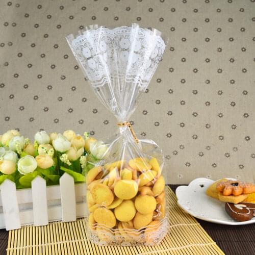 200pcs White Lace Flower Open Top Cellophane Bag For Candy Chocolate Bakery Gift Cookie Packing 14x27.5+5cm
