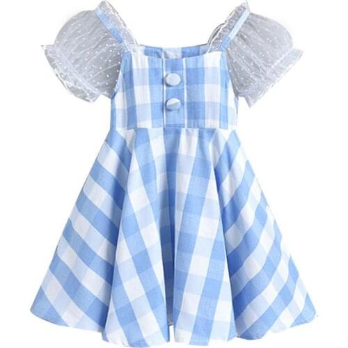 Short-sleeved Children Dress Mesh Stitching Square Collar Puff Sleeve One-piece Girl Plaid Summer Dress for Outdoor