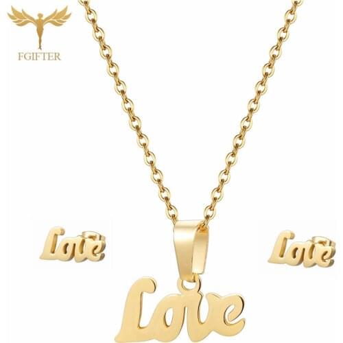 FGifter Romantic Womens Gift LOVE Word Stud Earrings Neckalce Jewelry Set Golden Stainless Steel Engagement Wedding Bride Gift