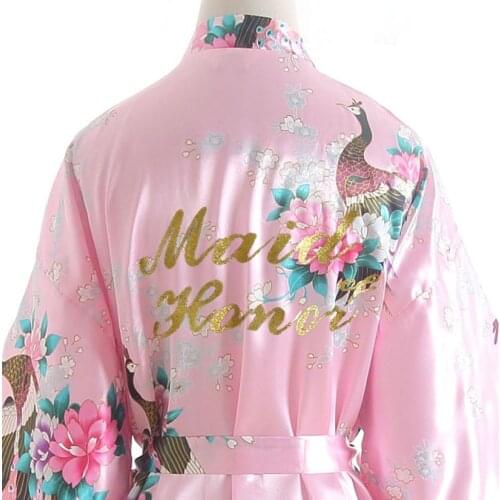 Women Peacock Kimono Robe Gown Spring Summer Maid of Honor Bathrobe Bridesmaids Satin Nightgown Long Sleepwear One Size