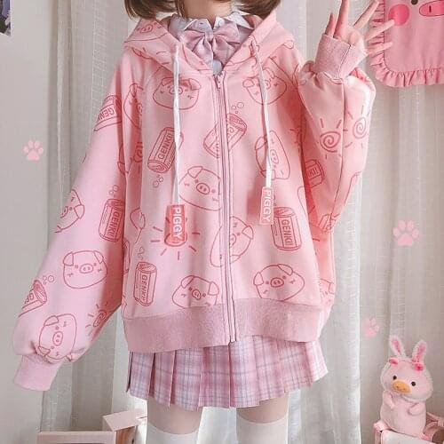 Harajuku Kawaii Pig Zip Coat Pink Hoodie Women Cute Fleece Hooded Jacket Teen Girls Winter Oversized Long Sleeve Outerwear Y2k