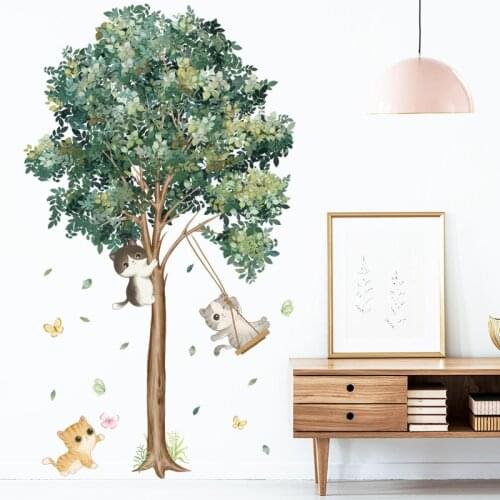 Cute Swing Kitten Wall Stickers Kids rooms Bedroom Wall Decor Green Tree Decals for Living room Vinyl Art Murals Home Decoration