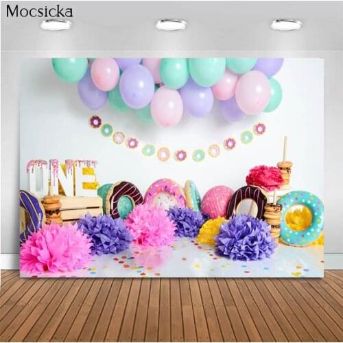 Mocsicka One Year Old Birthday Background Balloon Donut Decoration Style Baby Shower Photo Background Photography Banner
