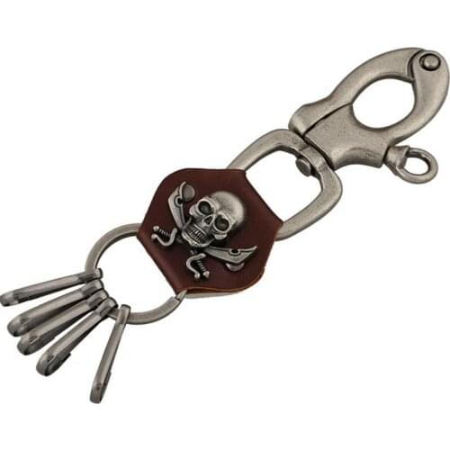 Punk Hippie Men Metal Skull Genuine Leather Car Keychain Alloy Skeleton Pendant Pant Buckle Key Chain Holder Gothic Fashion Gift