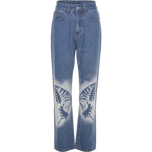 European and American 2021 Autumn Winter New Womens Fashion High-waisted Straight Pants Fashionable Printed Casual Jeans Women