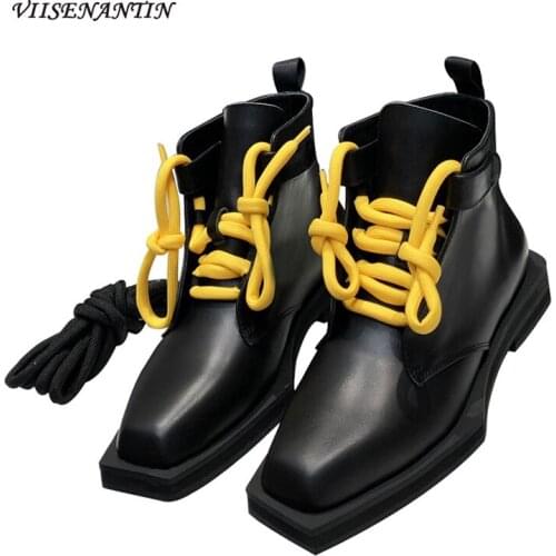 2021 Autumn and Winter Square Toe Thick-soled Increased Yellow Cross-lace Ankle Boots Cowhide British Style Flat Martin Boots