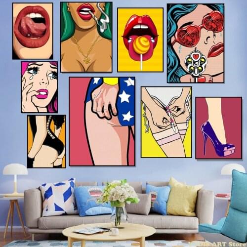 Catoon Modern Sexy Woman Posters Love Kiss Red Lip Shoes Nordic Wall Art Canvas Painting Prints Pictures Room Home Decor Quadro