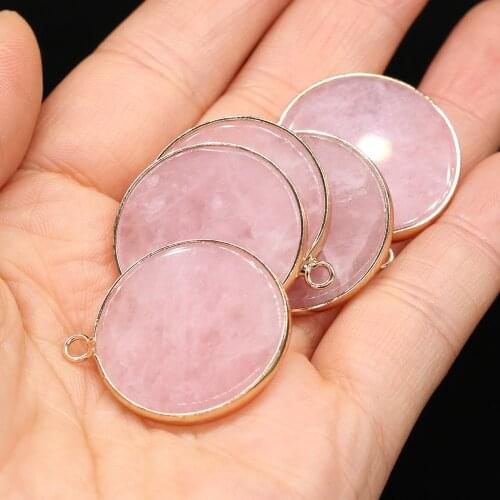 Natural Stone Rose Quartzd Pendants Round Gold-plated Pink Crystal for Trendy Jewelry Making DIY Necklace Earring Findings