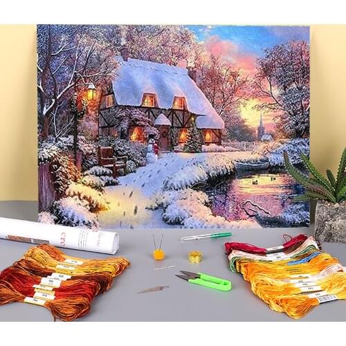 Christmas Village Printed 11CT Cross Stitch Set Embroidery DMC Threads Hobby Handicraft Sewing Needlework Sales Stamped Decor