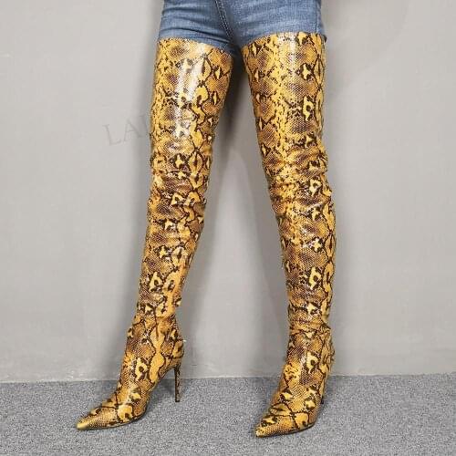 SEIIHEM Women Thigh High Boots Snake Print Over Knee High Boots Ladies Party Shoes Woman Dicke Stiefe Large Size 43 44 45 46 47