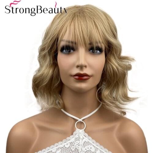 StrongBeauty Short Wavy Wigs Synthetic Women Natural Medium Length Blonde/Red/Black Hair Capless Wig 6 Colors