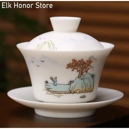 185ml Vintage Mutton Fat Jade Tea Tureen Biscuit Firing Billet White Porcelain Pastoral Tea Bowl With Saucer Lid Kit Master Gift
