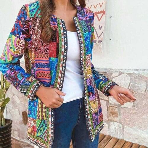 2021 New Elegant Exotic Women Midi-Length Autumn Winter Jacket Ethnic Floral Print Long Sleeve Loose Jacket Coat Cardigan