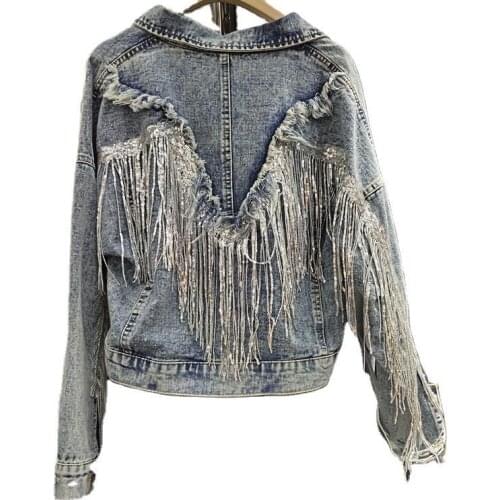 European Style Woman Denim Coat Spring Autumn Female Jackets Jean Sequined Bling Woman Coat