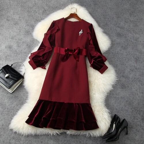 European and American womens clothing New spring 2021 Long sleeve velvet stitching nail beads Fashionable fishtail dress