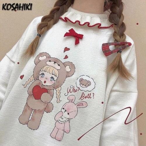 KOSAHIKI Kwaii Japan Y2k Sweater Women Ulzzang Cartoon Girl Ruffle Turtleneck Pullover Vintage Female Korean Harajuku Basic Top